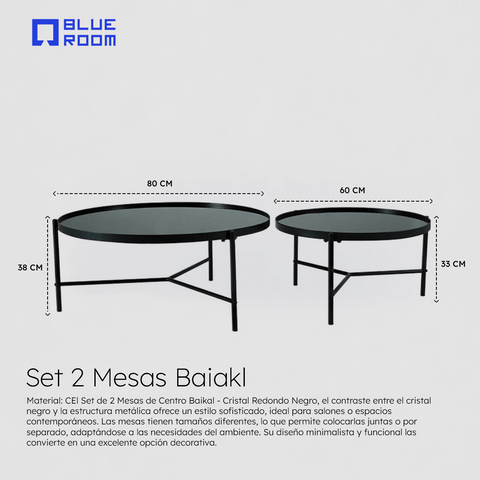 Set de 2 Mesas de Centro Baikal - Cristal Redondo Negro