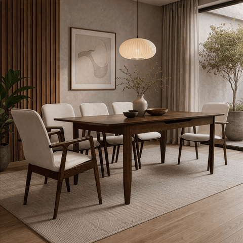 Comedor Elegante Carson con Mesa rectangular auto-extendible- 8 Personas - 6 Sillas Tela Gris, 2 Sillas Tela Beige - Chapa de Nogal
