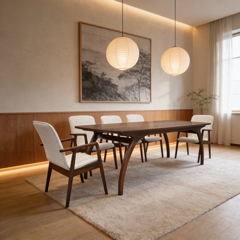Comedor Elegante Porada - 8 Personas Silla Tela Beige - Chapa de Nogal