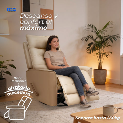 Sillón Reclinable Giratorio con Mecedora Renzo - Tacto Piel Beige