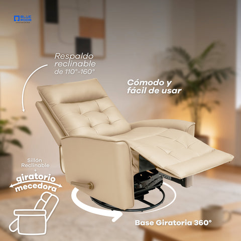 Sillón Reclinable Giratorio con Mecedora Renzo - Tacto Piel Beige