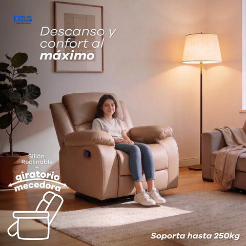 Sillón Reclinable Giratorio con Mecedora Bellaro- Tacto Piel Taupe