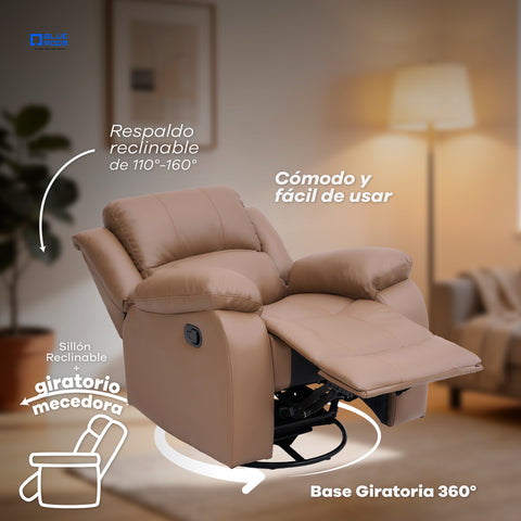 Sillón Reclinable Giratorio con Mecedora Bellaro- Tacto Piel Taupe