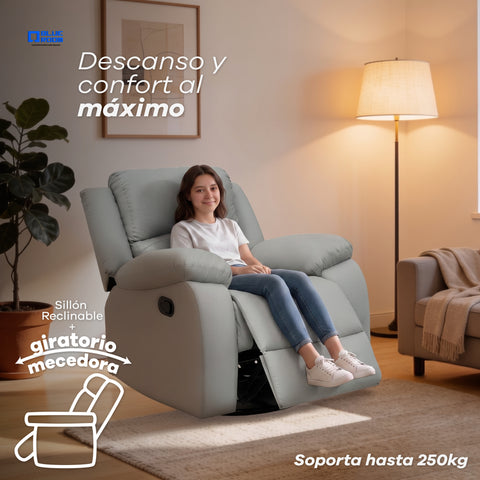 Sillón Reclinable Giratorio con Mecedora Bellaro- Tacto Piel Taupe