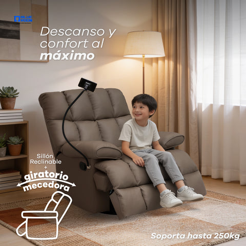Sillón Reclinable Giratorio con Mecedora Salvatore  - Tacto Piel Café