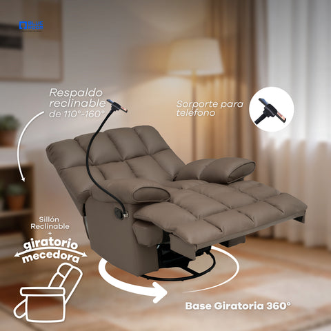 Sillón Reclinable Giratorio con Mecedora Salvatore  - Tacto Piel Café