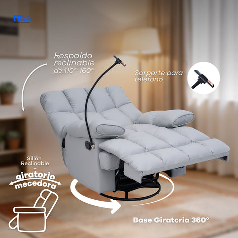 Sillón Reclinable Giratorio con Mecedora Salvatore  - Tacto Piel Café