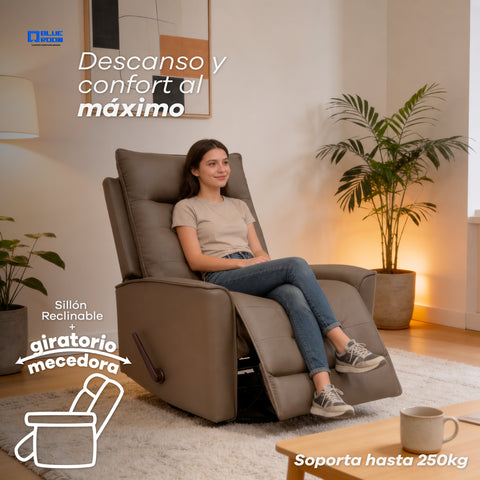 Sillón Reclinable Giratorio con Mecedora Renzo - Tacto Piel Beige
