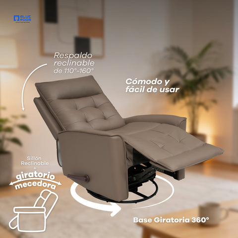 Sillón Reclinable Giratorio con Mecedora Renzo - Tacto Piel Beige