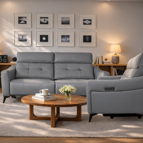 Sala Menotti Reclinable y Eléctrica - Sofa y Love Seat - Piel Gris