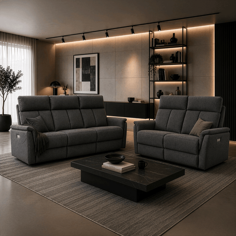 Sala Electrica y Reclinable Rossi - Sofa y Love Seat - Tela Gris