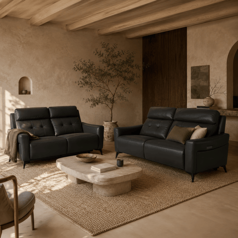 Sala Menotti Reclinable y Eléctrica - Sofa y Love Seat - Piel Negra