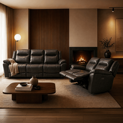 Sala Reclinable Eléctrica Madrid - Sofa y Love Seat - Piel Gris Oscuro