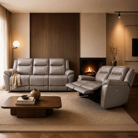 Sala Reclinable Eléctrica Madrid - Sofa y Love Seat - Piel Gris Oscuro