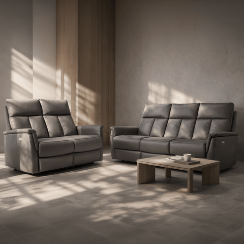 Sala Electrica y Reclinable Rossi - Sofa y Love Seat - Piel Gris