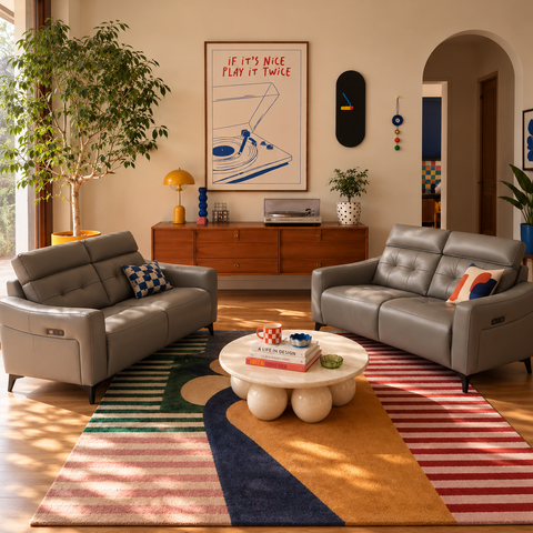 Sala Menotti Reclinable y Eléctrica - Sofa y Love Seat - Piel Gris