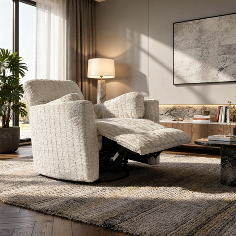 Sillón Reclinable Mecedora Giratorio Eléctrico de Tela Ashford - Pebble Beige