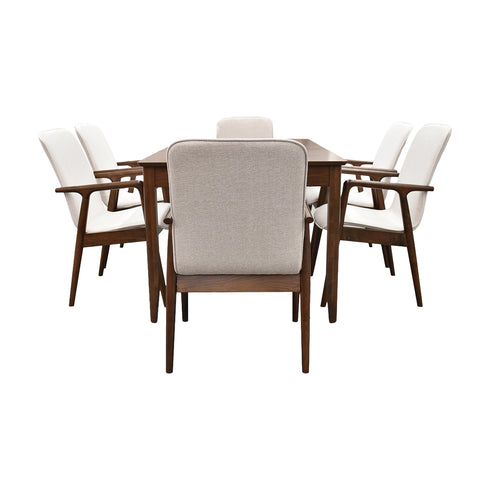 Comedor Elegante Carson con Mesa rectangular auto-extendible- 6 Personas - 4 Sillas Tela Beige , 2 Sillas Tela Gris - Chapa de Nogal