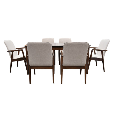 Comedor Elegante Carson con Mesa rectangular auto-extendible- 6 Personas - 4 Sillas Tela Gris, 2 Sillas Tela Beige - Chapa de Nogal