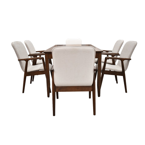 Comedor Elegante Carson con Mesa rectangular auto-extendible- 6 Personas - 4 Sillas Tela Gris, 2 Sillas Tela Beige - Chapa de Nogal