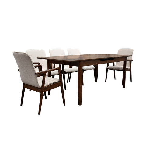 Comedor Elegante Carson con Mesa rectangular auto-extendible - 8 Personas - 6 Sillas Tela Beige, 2 Sillas Tela Gris - Chapa de Nogal