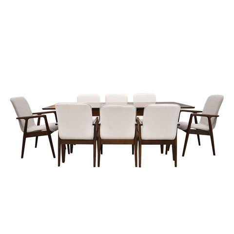 Comedor Elegante Carson con Mesa rectangular auto-extendible - 8 Personas - 6 Sillas Tela Beige, 2 Sillas Tela Gris - Chapa de Nogal