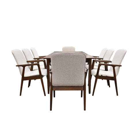 Comedor Elegante Carson con Mesa rectangular auto-extendible - 8 Personas - 6 Sillas Tela Beige, 2 Sillas Tela Gris - Chapa de Nogal