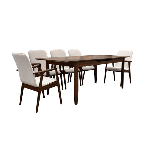 Comedor Elegante Carson con Mesa rectangular auto-extendible- 8 Personas - 6 Sillas Tela Gris, 2 Sillas Tela Beige - Chapa de Nogal