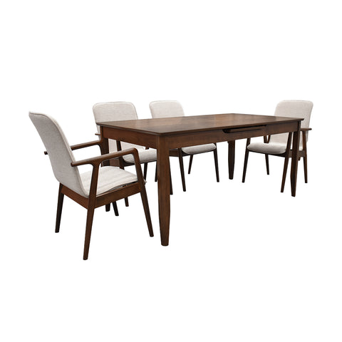 Comedor Elegante Carson con Mesa rectangular auto-extendible - 6 Personas - Sillas Tela Gris- Chapa Nogal