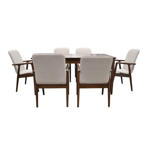 Comedor Elegante Carson con Mesa rectangular auto-extendible - 6 Personas - Sillas Tela Gris- Chapa Nogal