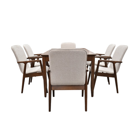 Comedor Elegante Carson con Mesa rectangular auto-extendible - 6 Personas - Sillas Tela Gris- Chapa Nogal