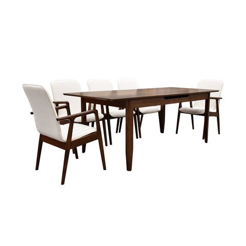Comedor Elegante Carson con Mesa rectangular auto-extendible - 8 Personas - Sillas Tela Beige - Chapa de Nogal