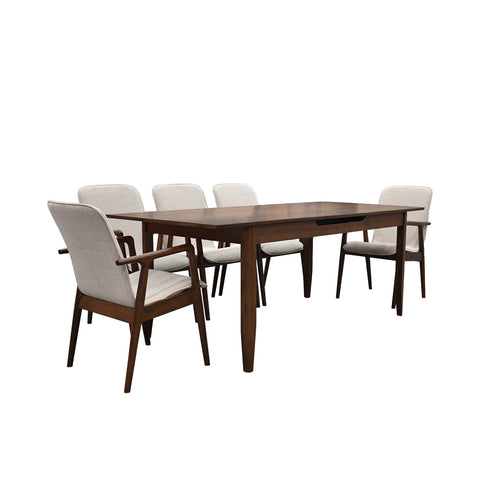 Comedor Elegante Carson con Mesa rectangular auto-extendible - 8 Personas - Sillas Tela Gris - Chapa de Nogal