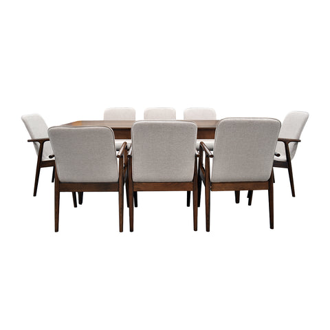 Comedor Elegante Carson con Mesa rectangular auto-extendible - 8 Personas - Sillas Tela Gris - Chapa de Nogal