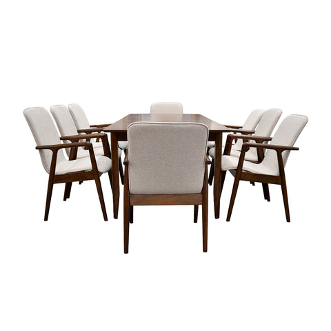 Comedor Elegante Carson con Mesa rectangular auto-extendible - 8 Personas - Sillas Tela Gris - Chapa de Nogal