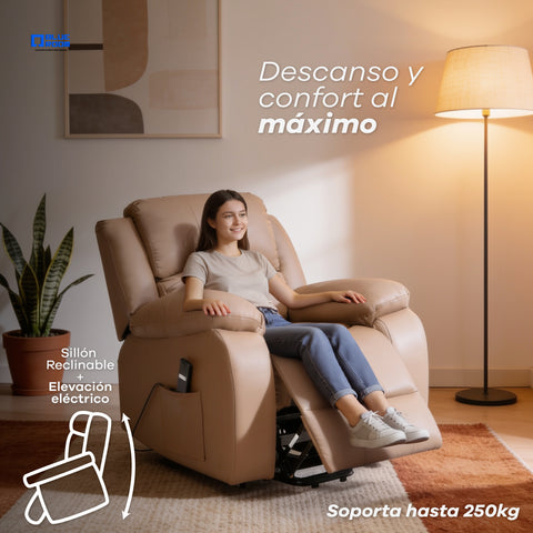 Sillón Reclinable Eléctrico Con Elevador Bellaro - Tacto Piel Café