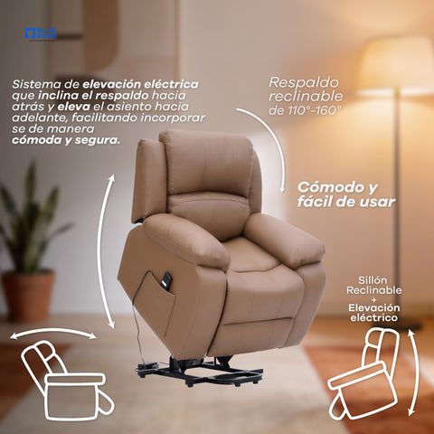 Sillón Reclinable Eléctrico Con Elevador Bellaro - Tacto Piel Café