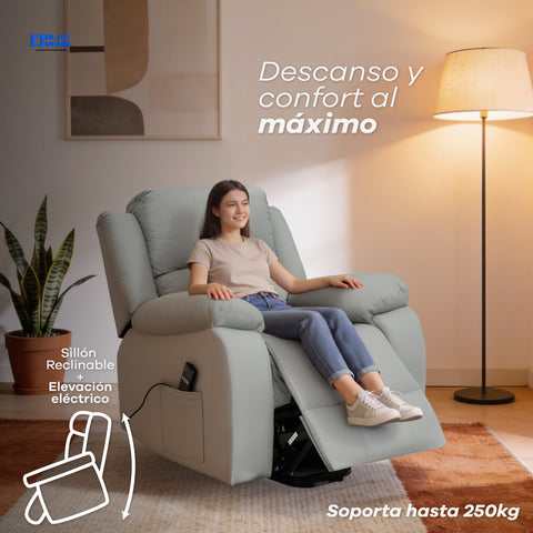Sillón Reclinable Eléctrico Con Elevador Bellaro - Tacto Piel Café