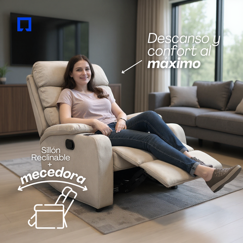 Sillón Reclinable Giratorio Con Mecedora de Tela Microfibra Otto -Beige