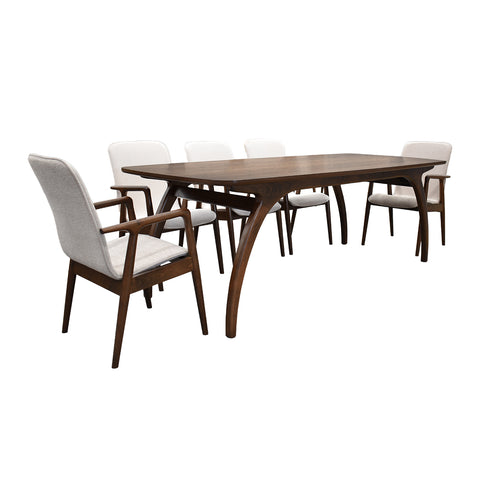 Comedor Elegante Porada - 8 Personas - 6 Sillas Tela Beige - 2 Sillas Tela Gris - Chapa de Nogal