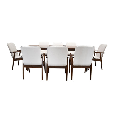 Comedor Elegante Porada - 8 Personas - 6 Sillas Tela Beige - 2 Sillas Tela Gris - Chapa de Nogal