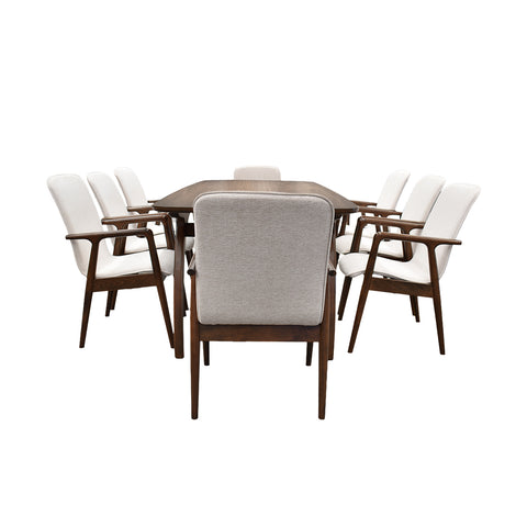 Comedor Elegante Porada - 8 Personas - 6 Sillas Tela Beige - 2 Sillas Tela Gris - Chapa de Nogal