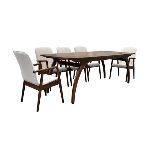 Comedor Elegante Porada - 8 Personas - 6 Sillas Tela Gris - 2 Sillas Tela Beige - Chapa de Nogal
