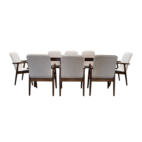Comedor Elegante Porada - 8 Personas - 6 Sillas Tela Gris - 2 Sillas Tela Beige - Chapa de Nogal