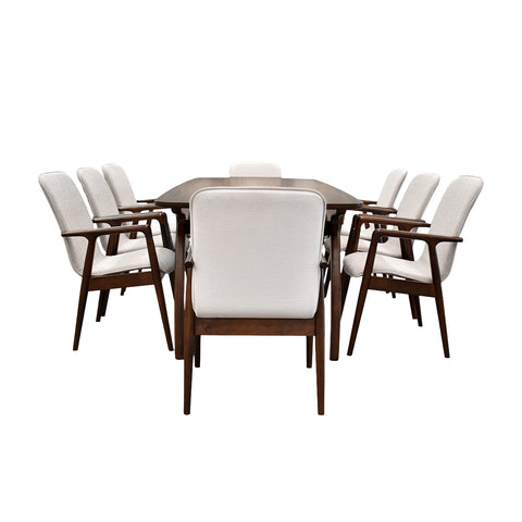 Comedor Elegante Porada - 8 Personas - 6 Sillas Tela Gris - 2 Sillas Tela Beige - Chapa de Nogal