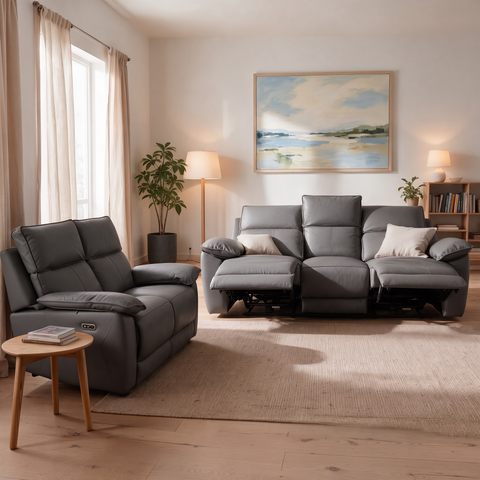 Sala Reclinable Praga - Sofá y Love Seat - Tacto Piel Gris